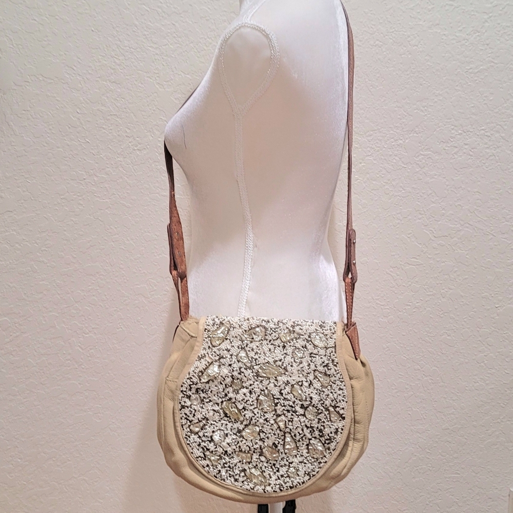Anthropologie Jaspera & Jeera Jeweled Tan Leather Crossbody Bag